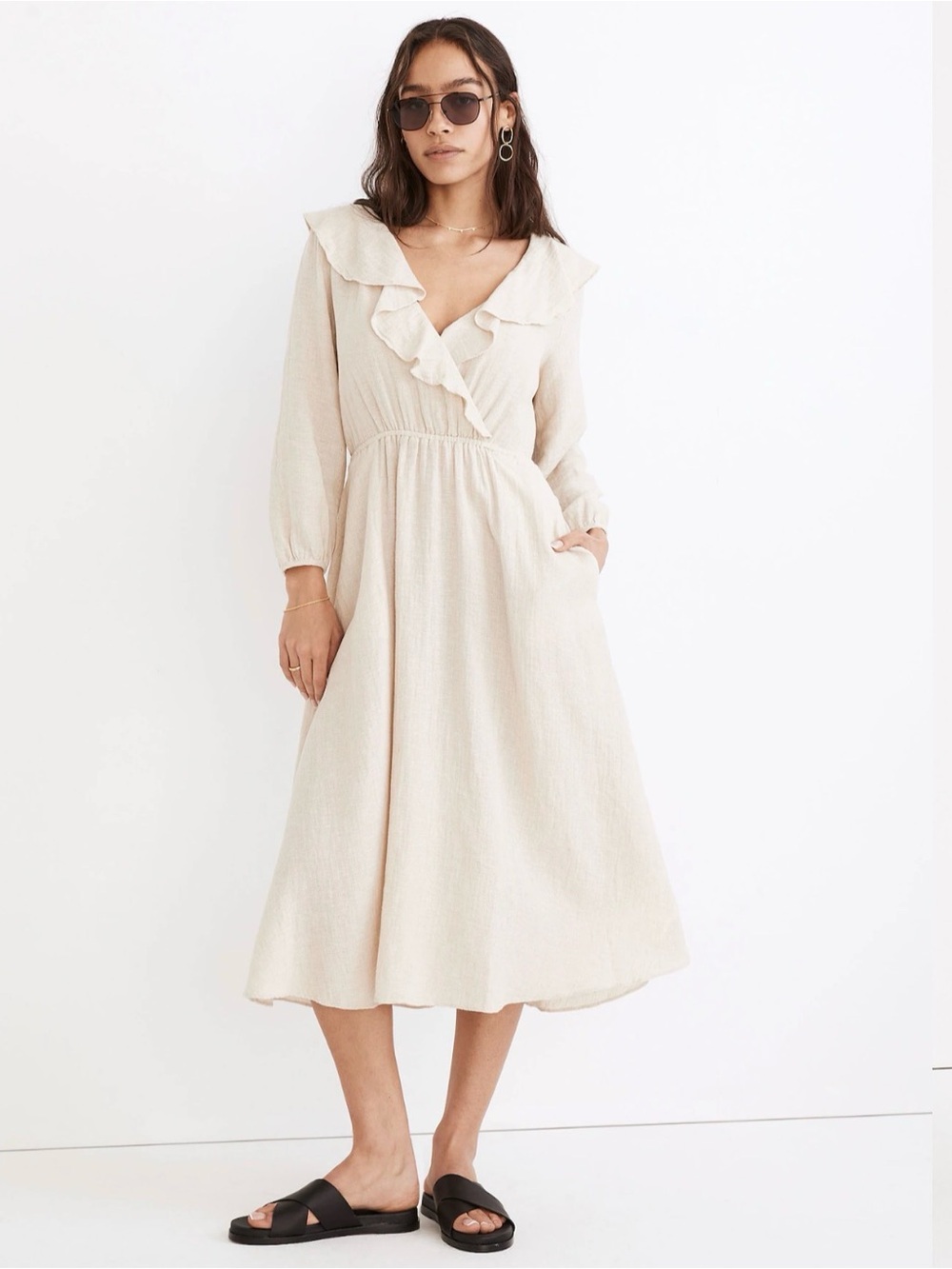 NWT Madewell Linen-Cotton Ruffle-Neck Midi Dress in Undyed Oat size Medium